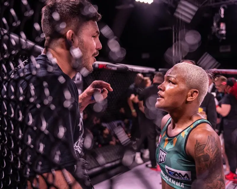 Kevem in the corner, coaching a fighter in the cage