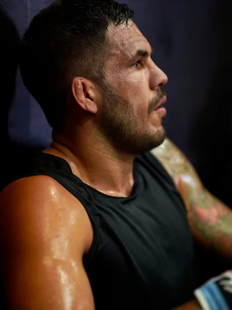 Kevem focused, sweating after training